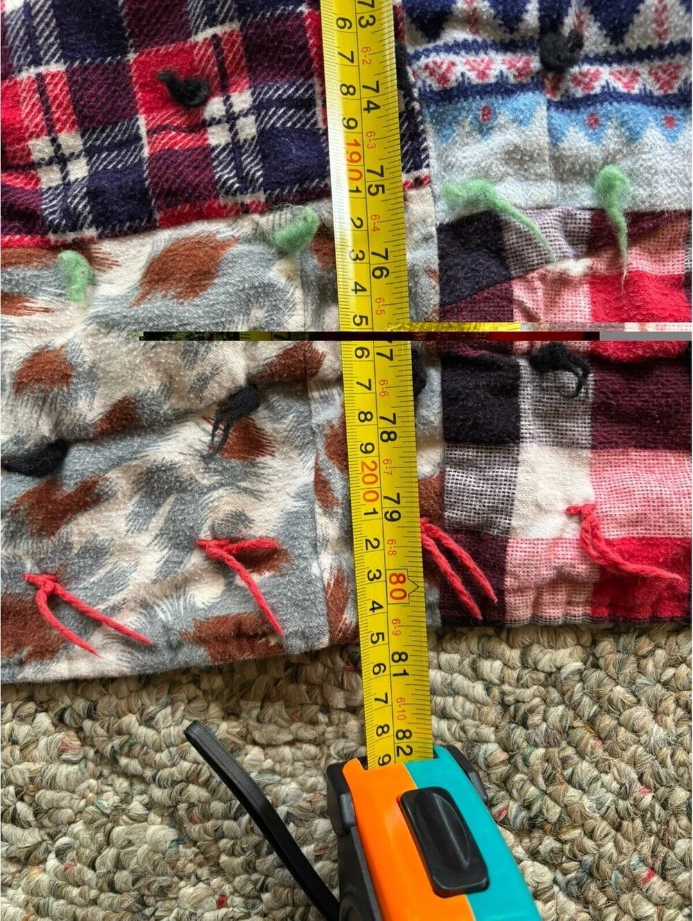 Vintage Hand Tied Scrap Patchwork Quilt 80x60 Feedsack Plaid Folk Art Reversible